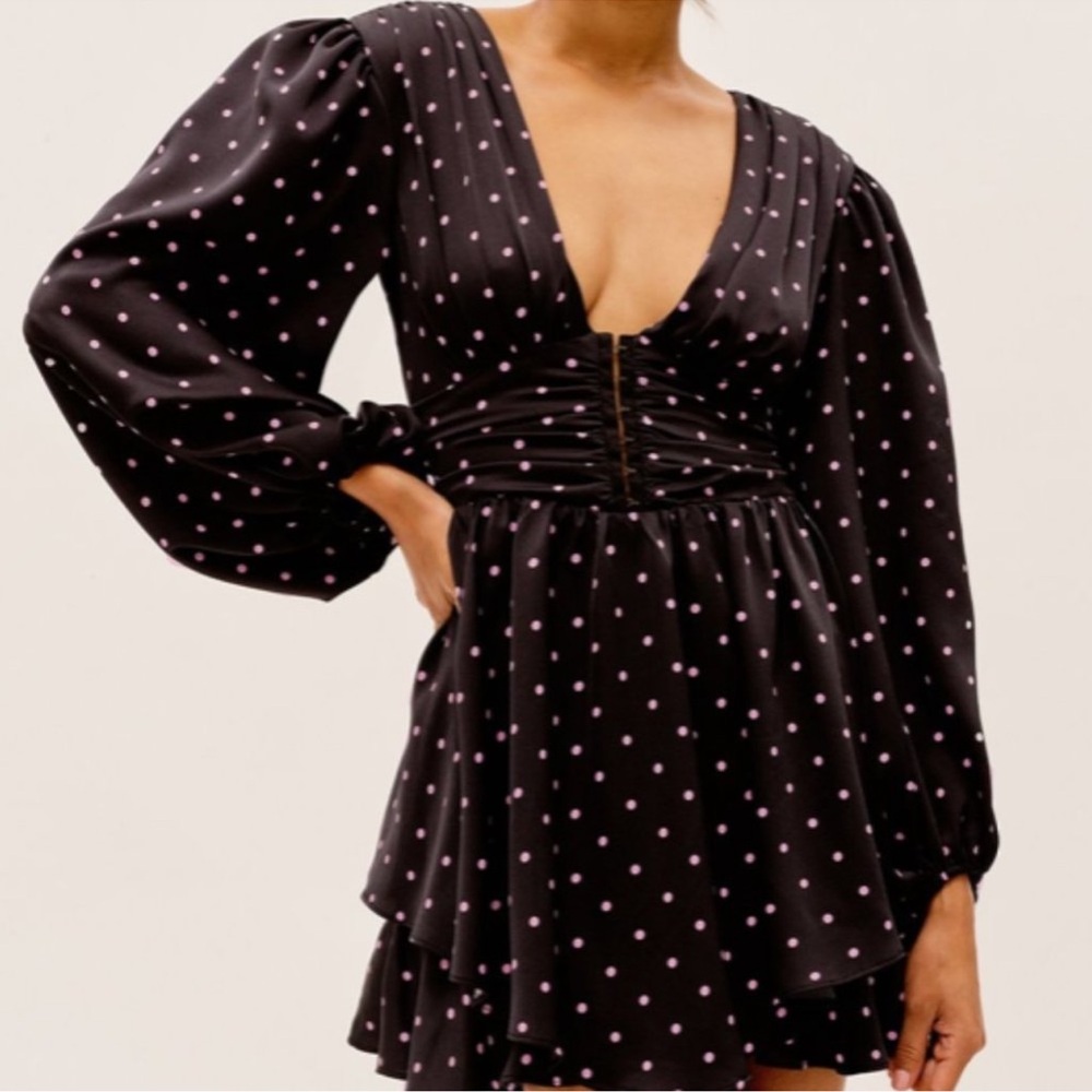 For Love and Lemons Black and Pink Polka Dot Long Sleeve Mini